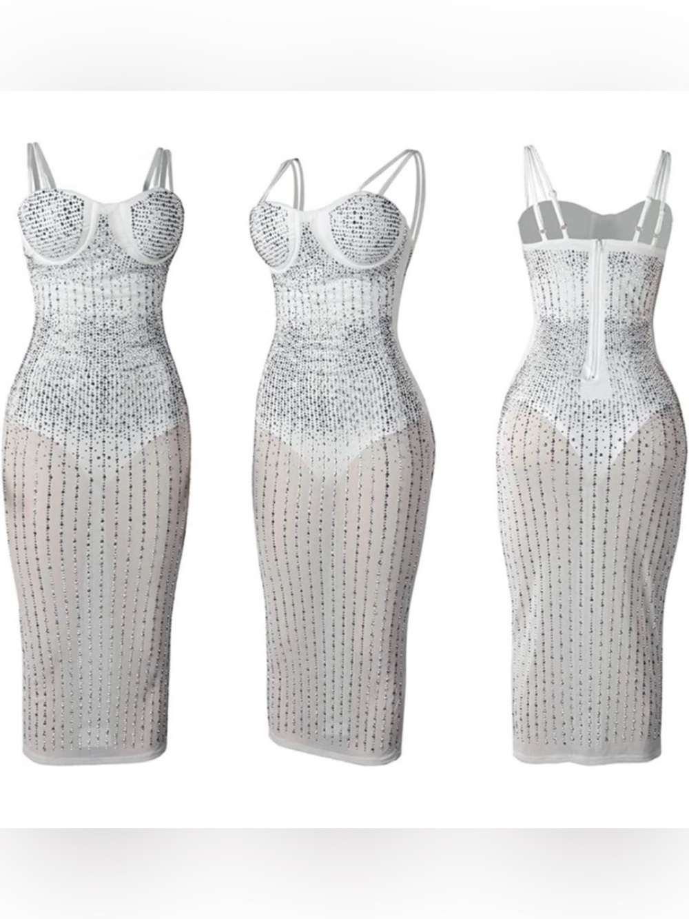 Rhinestone-Embellished White Midi Bodycon Dress
